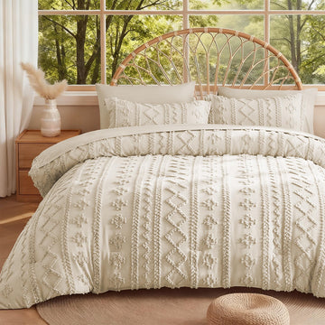 Comforter Set 7 Pieces, Fluffy Tufted Boho Beddding Set Beige