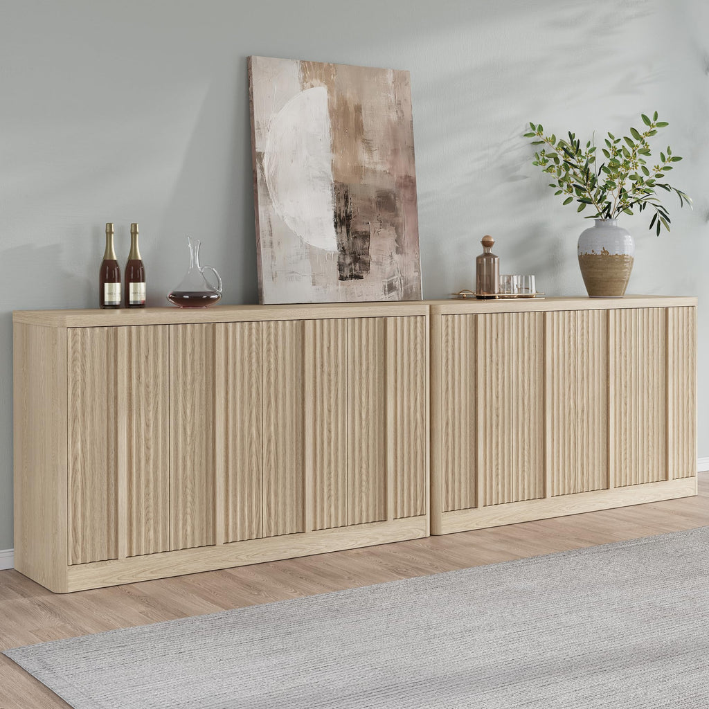 Fluted Buffet Cabinet with Storage, 120" Sideboard Buffet Storage Cabinet with 8 Doors & Adjustable Shelves, Wood