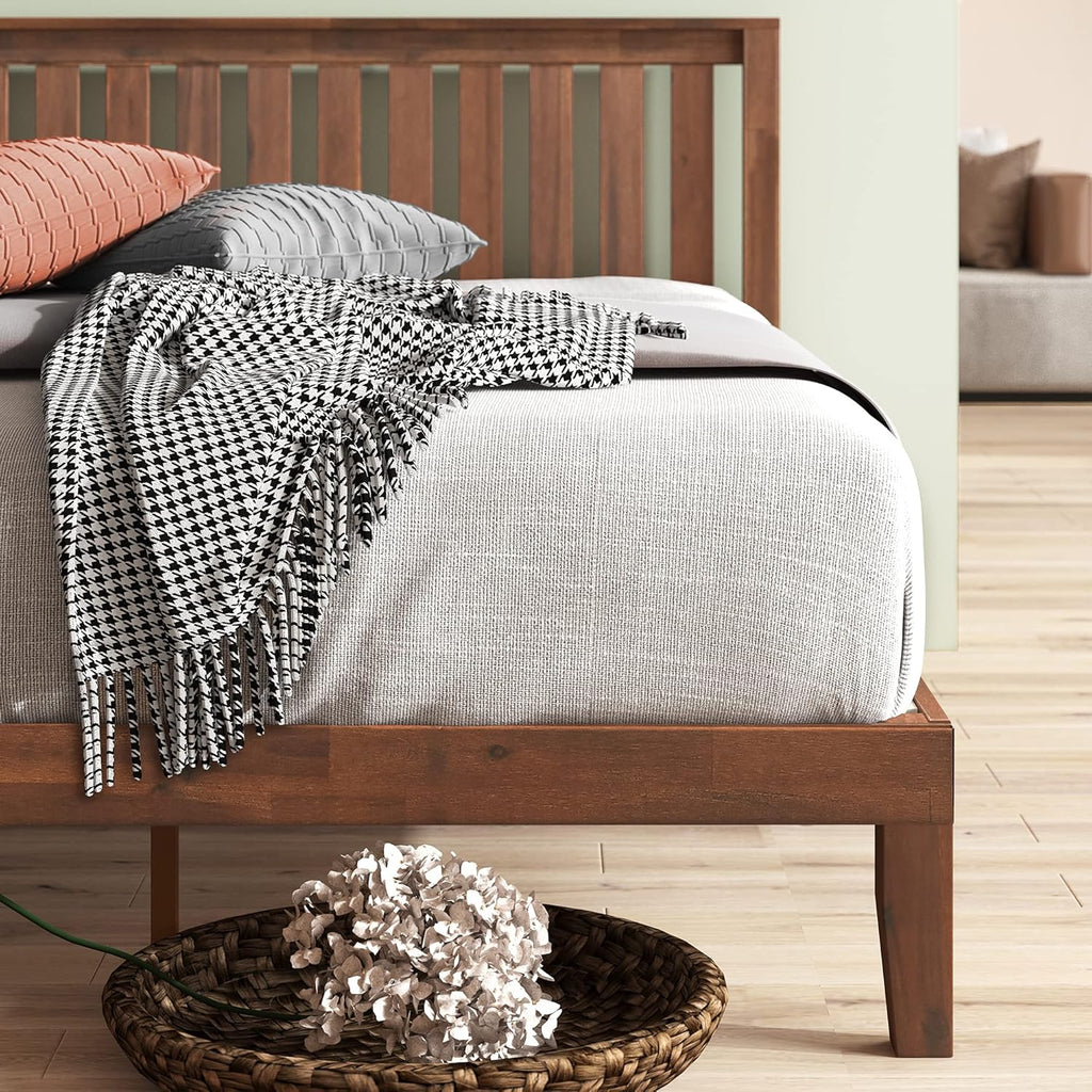 Wood Platform Bed Frame with Headboard, Solid Wood Foundation with Wood Slat Support, No Box Spring Needed