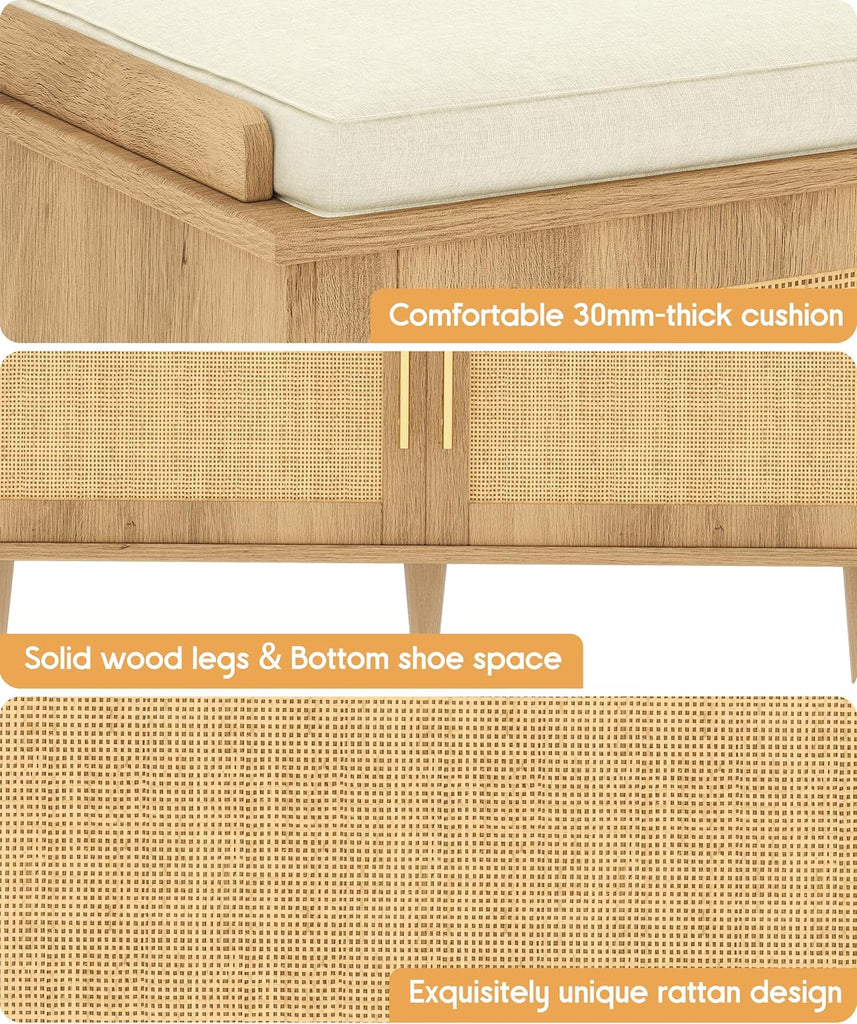 Rattan Shoe Storage Bench with Cushion, 2-Tier Entryway Bench with Adjustable Shelves and 2 Doors, 15" D x 39.4" W x