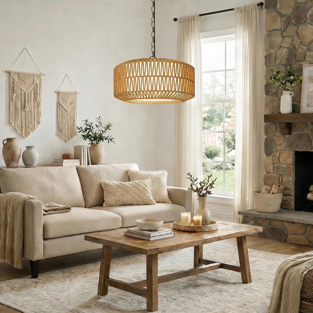 19" Rattan Chandelier, Boho Dining Room Light Fixture