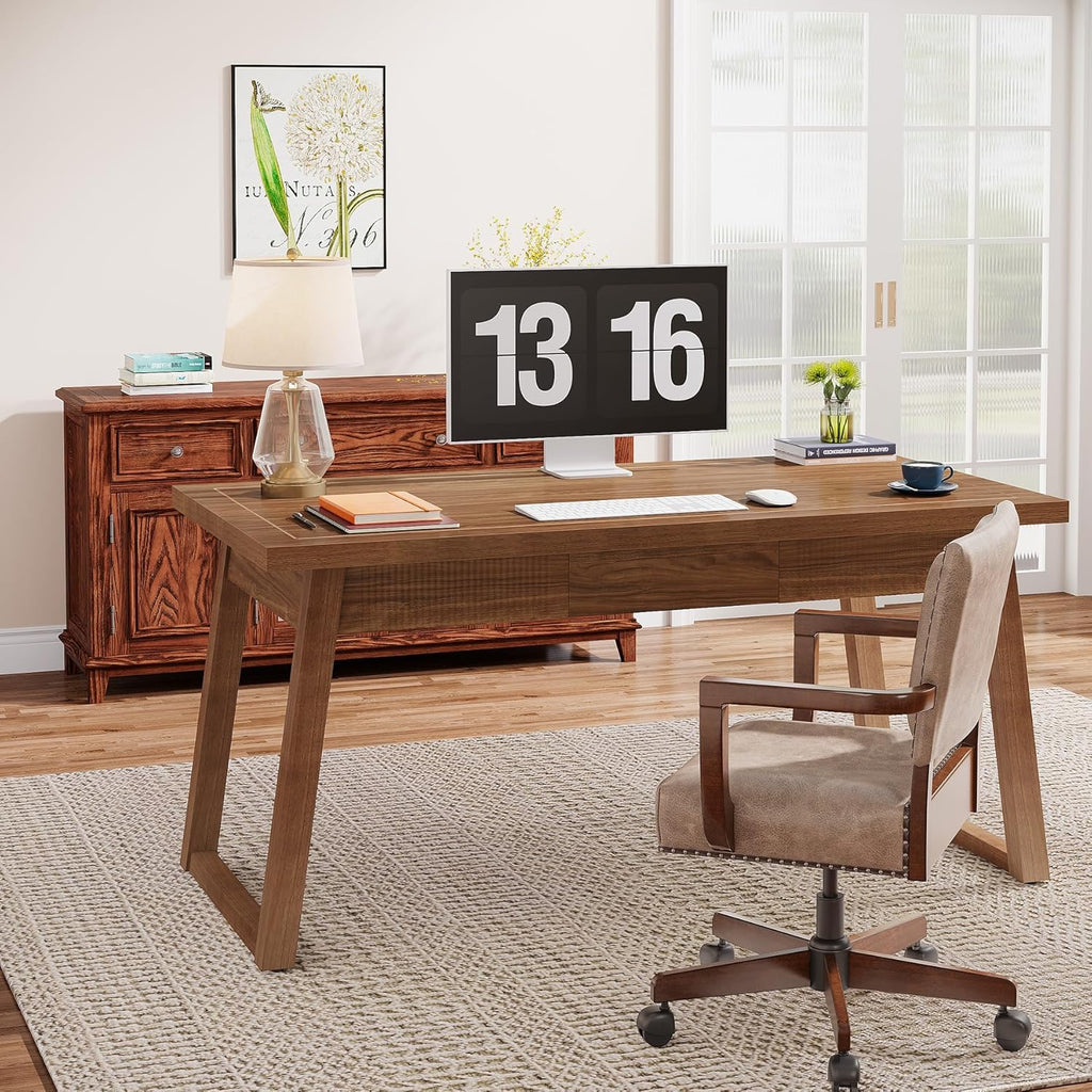 Home Office Executive Desk: 55 Inches Wooden Computer Desk with Drawer, Mid-Century Modern Study Writing Table