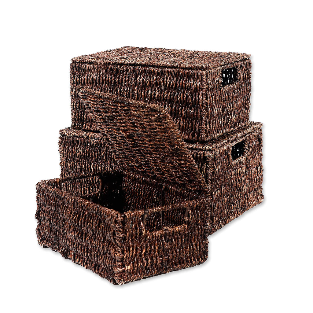 Set of 3 Rectangular Seagrass Baskets with Lids, Brown (Small)