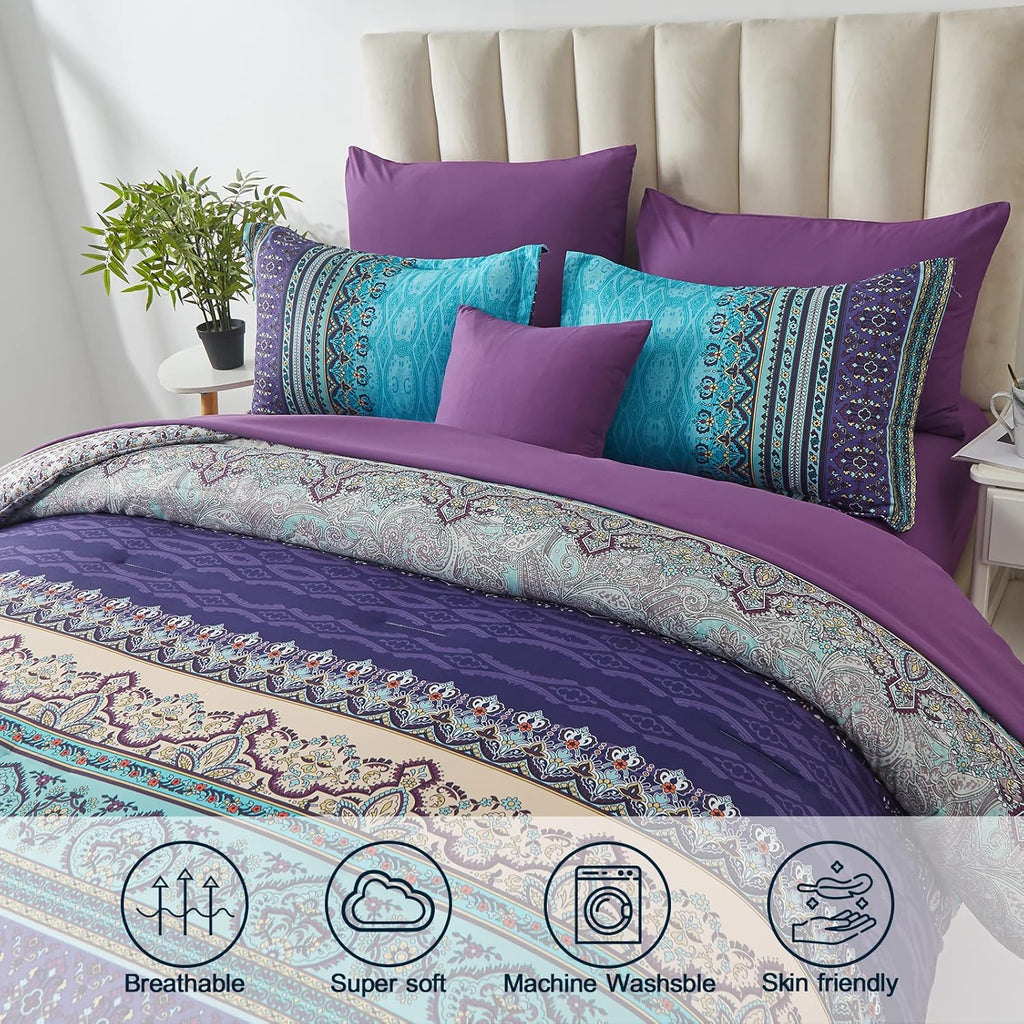 Boho Comforter Set 8 Piece Bed in a Bag Bohemian Striped Bedding Quilt Set Aqua Paisley Floral
