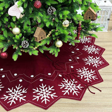 72-Inch Reversible Knit Tree Skirt with Christmas Star-Inspired Pointed Edge Border and Lace-Up Closures, Machine
