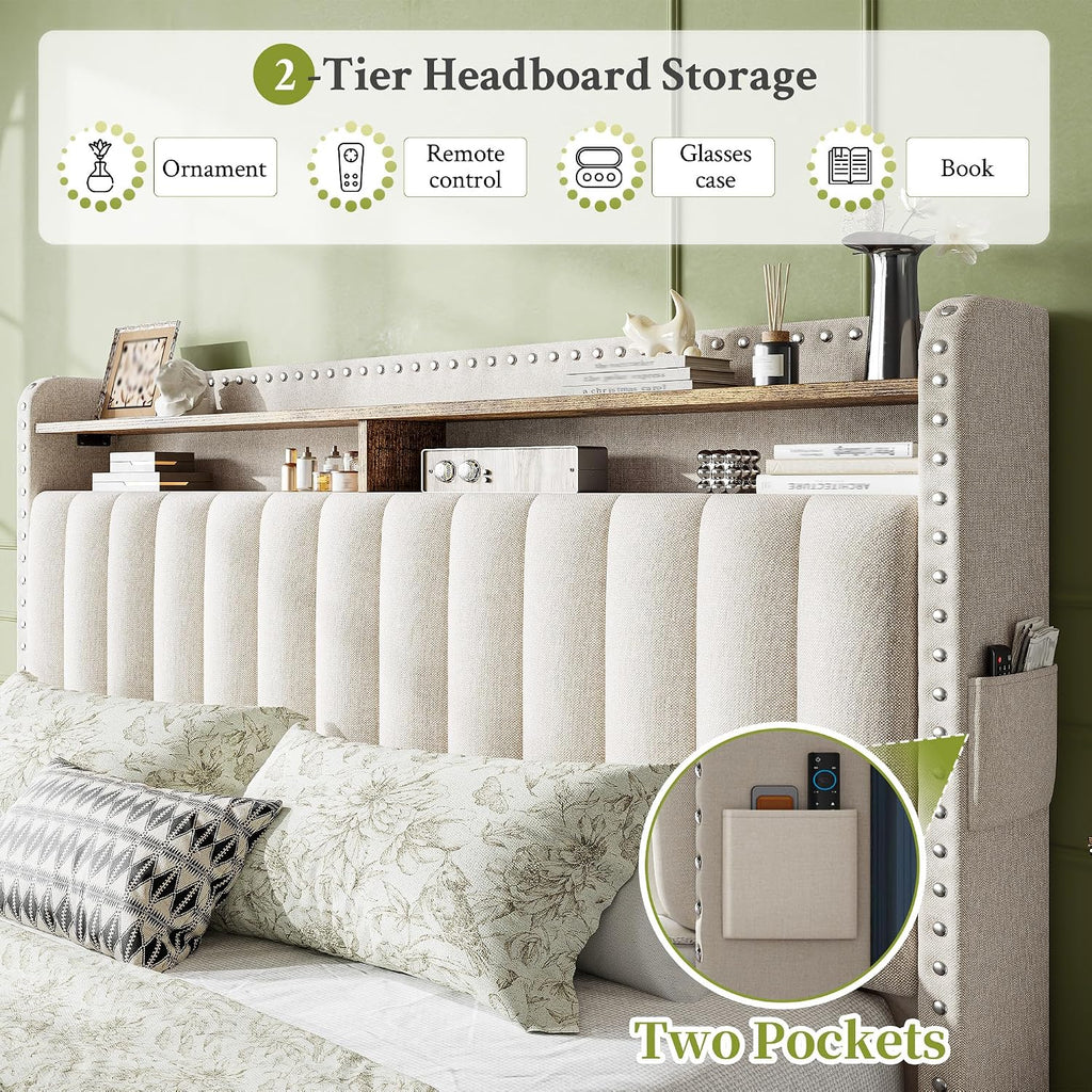Queen Bed Frame, Upholstered Queen Bed Frame with 2 Storage Drawers and 2-Tier Headboard