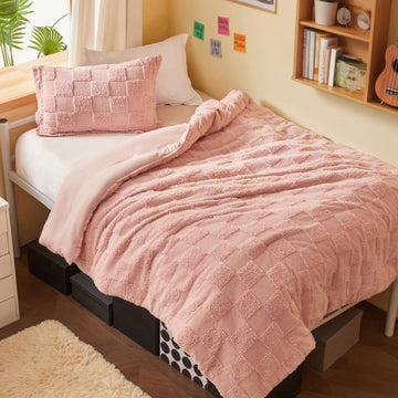 Comforter Set, 2 Pieces Coral Pink Boho Bedding Set with 1 Plaid Geometric Comforter and 1 Pillow Sham