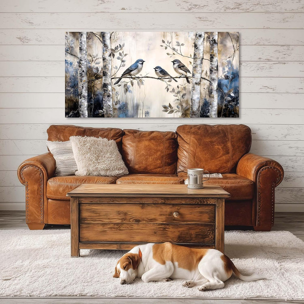 Beige Sparrow Bird Wall Art Decor Cute Chickadee Birds Canvas Pictures Birch Tree Woods Painting Prints Deco Wildlife
