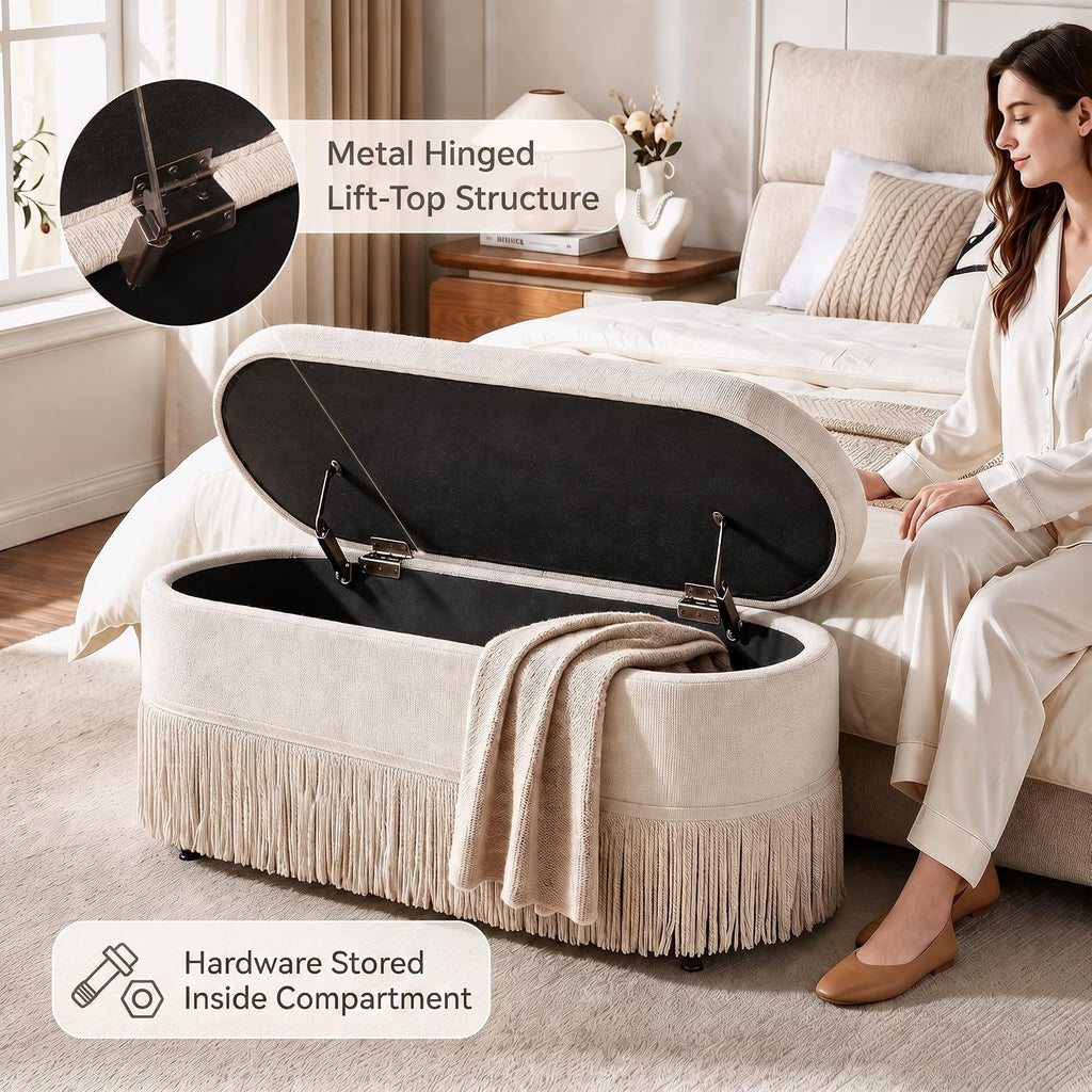 End of Bed Storage Bench, Oval Chenille Fringe Ottoman