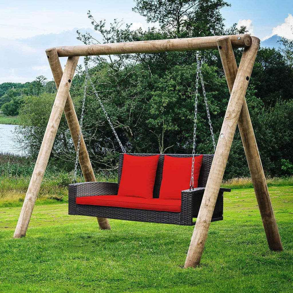 2-Person Wicker Porch Swing, Patiojoy Outdoor Rattan Hanging Swing Bench W/ 2 Back Cushions & 1 Seat Cushion, Sturdy