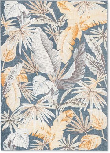 Abaco Tropical Foliage Indoor Outdoor Area Rug, Leaf Coastal Design, UV Fade Resistant, Dark Blue, 5