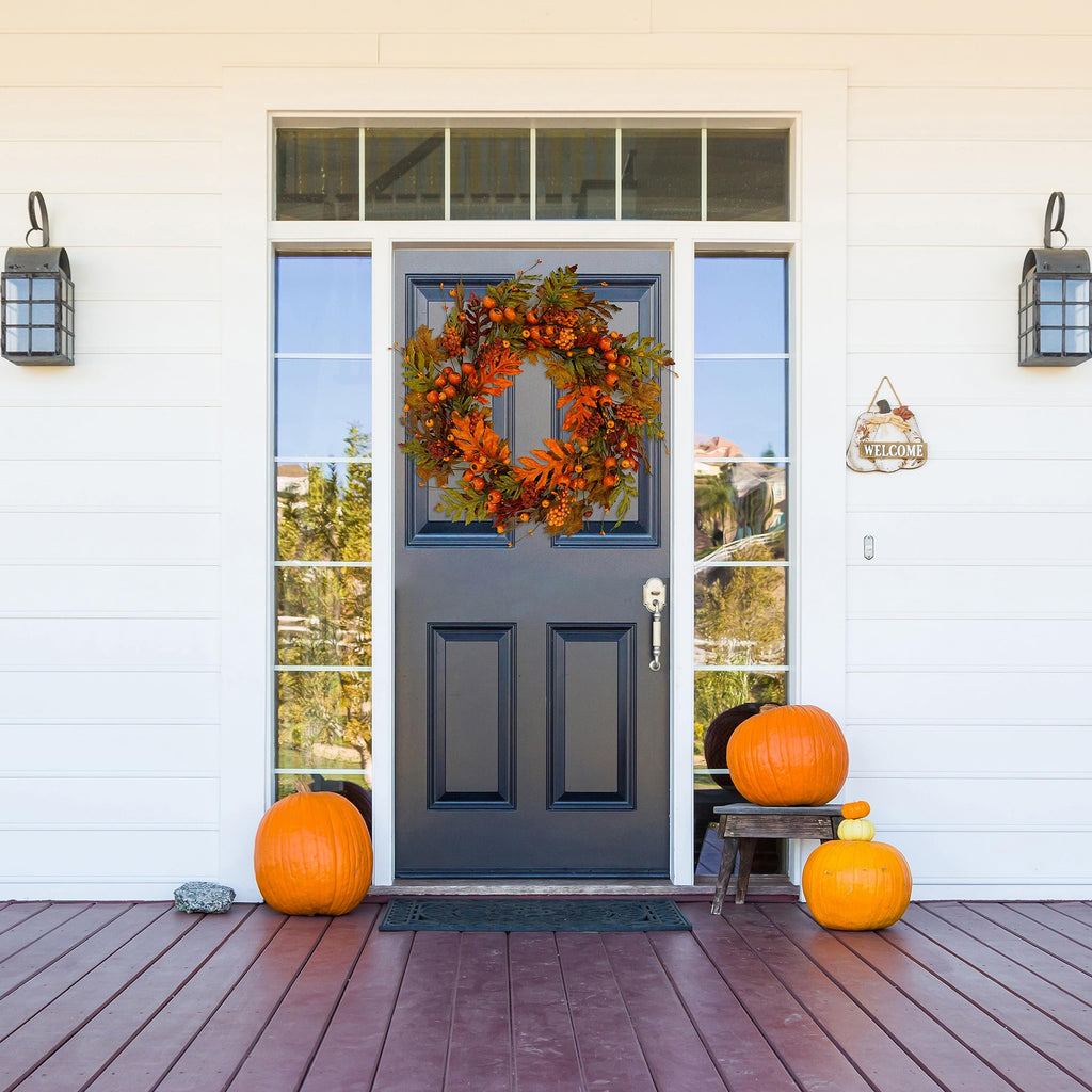 Artificial Fall Wreaths for Front Door Autumn Oak Wreath with Oak Leaves, Acorns, Berries, Pomegranates for Front Door