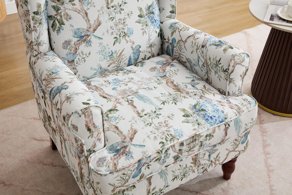 Modern Floral Accent Chair Retro Wood Legs, Linen Wingback Seat Bedroom Office, Bird Floral Single Sofa Chair with