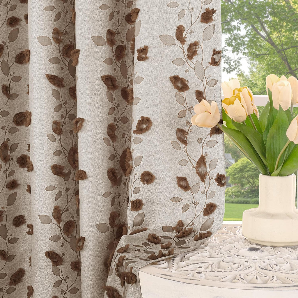 Brown Linen Curtains, Fall Boho Jacquard Leaf Botanical Pattern with Pom Pom Elegant Luxury Soft Farmhouse Vintage