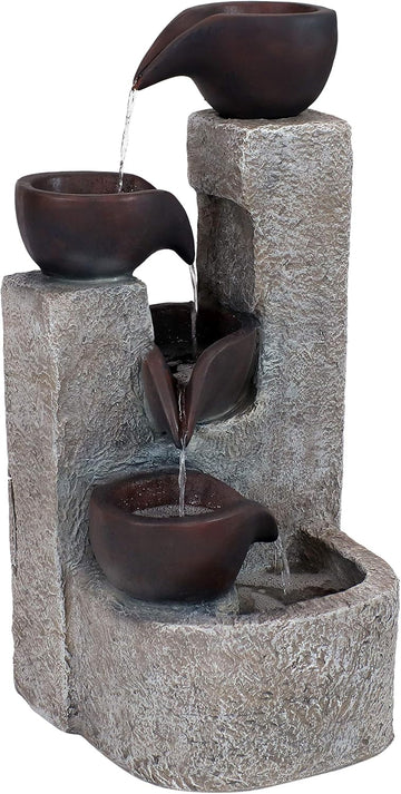 Aged Tiered Vessels 29-Inch Solar Fountain with Battery Backup - Submersible Pump - Polyresin