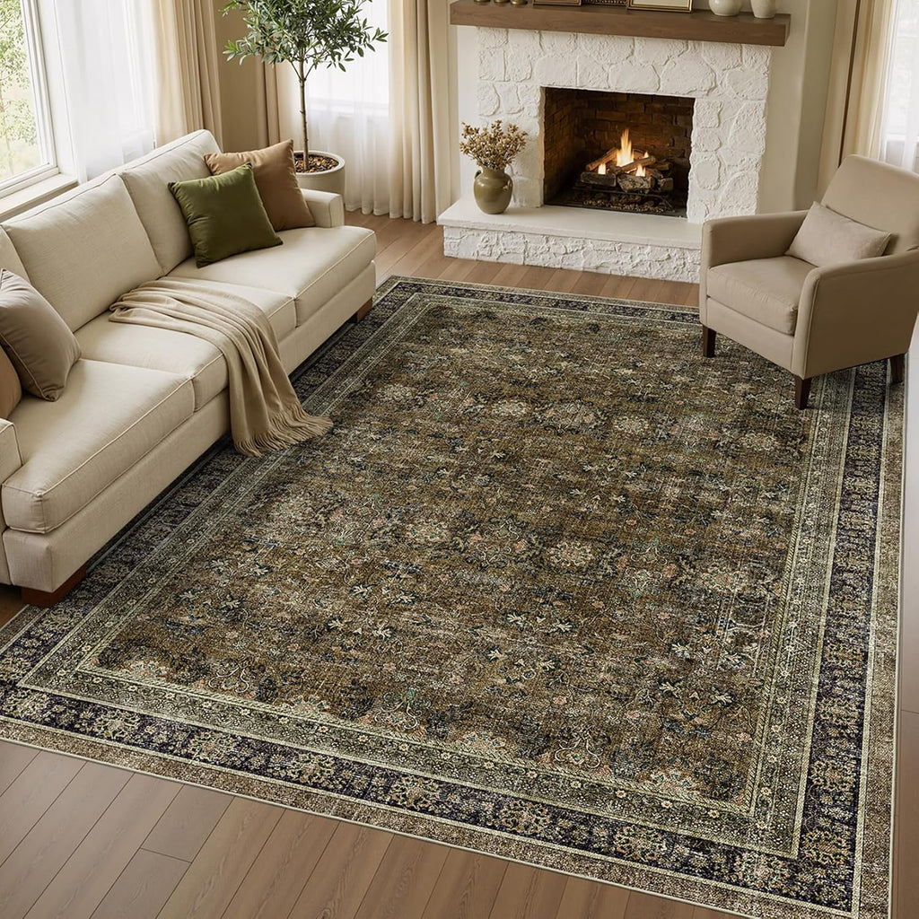 Area Rugs 10x14 Washable Vintage Brown/Olive Green/Purple