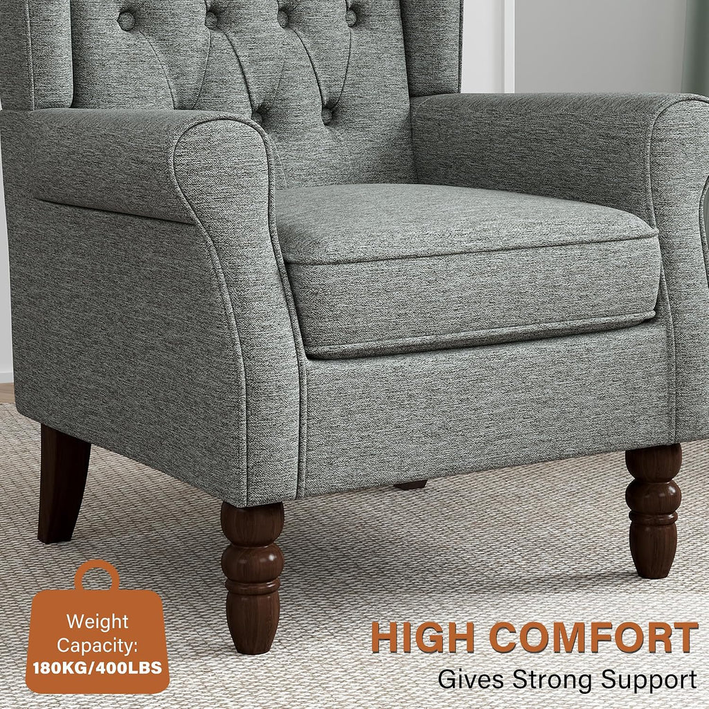 High Back Accent Chair, Tufted Wingback Chair , Grey | Button-Tufted Upholstered Armchair with Solid Wood Legs