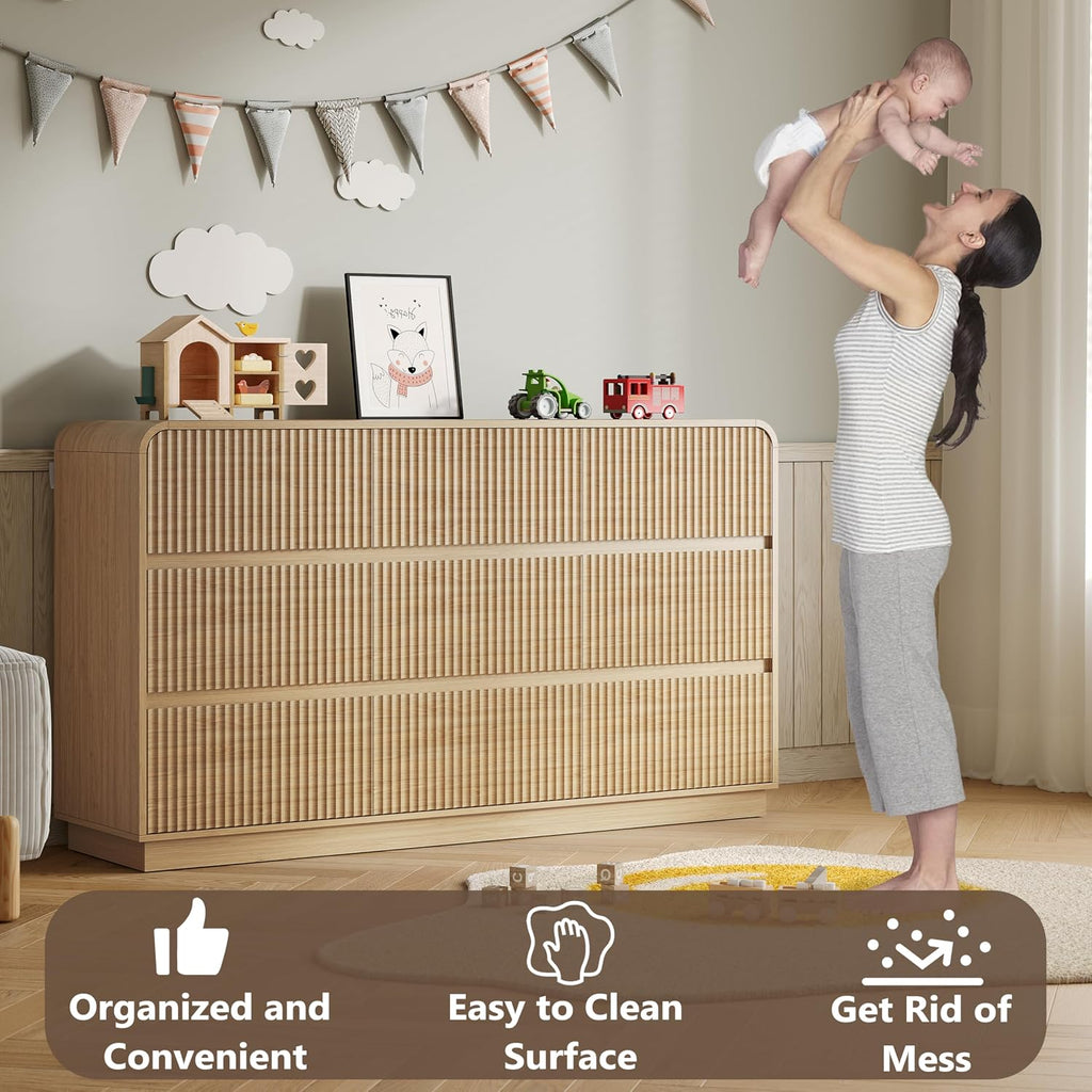 Dresser with 9 Drawers, Fluted Chest of Drawers with Round Curved Corner, Hidden Handles, Modern Wood Storage