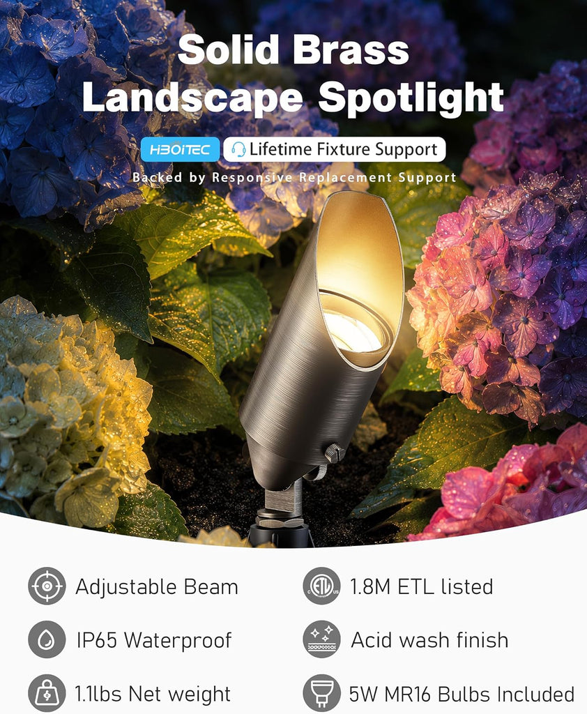 Solid Brass Outdoor Landscape Spotlights, 12V Heavy Duty Low Voltage Landscape Lighting, LED Spot Light Fixture
