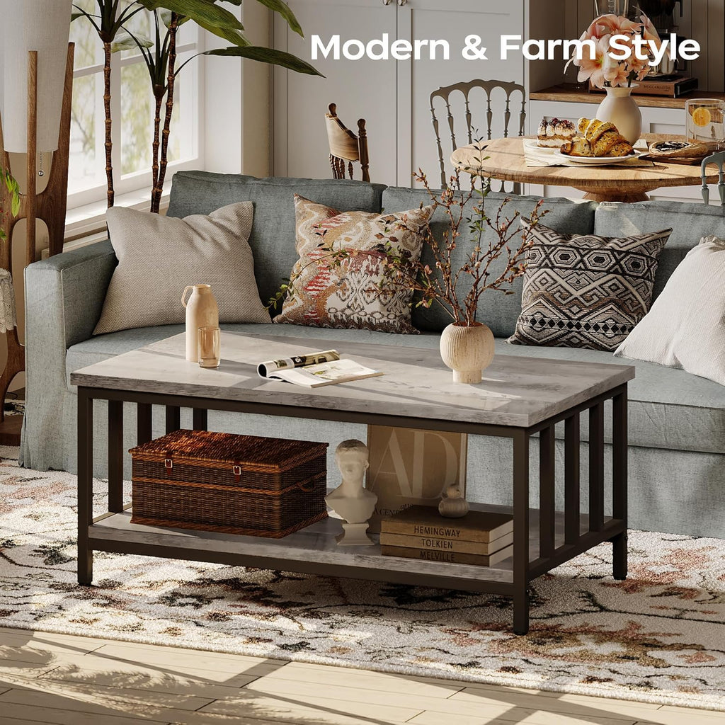 Coffee Table with Slatted Sides Frame, Modern Farmhouse Living Room Table with 2-Tier Storage Shelf, 39 ...