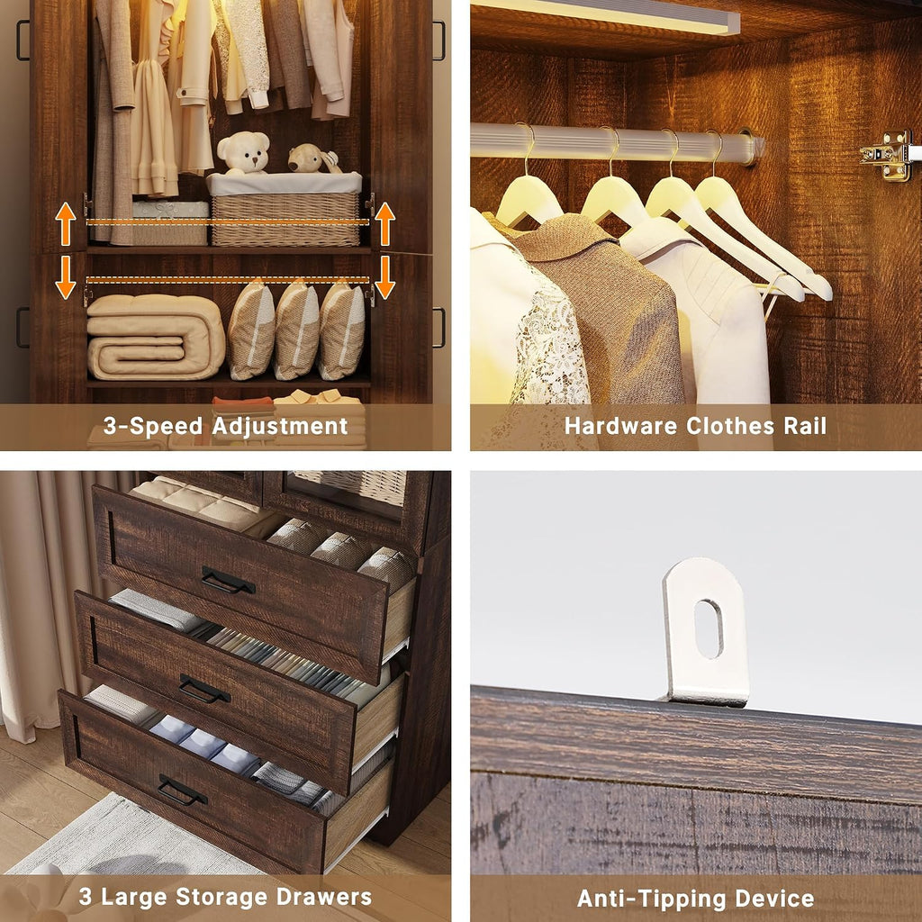 75" Tall Farmhouse 4 Doors Armoire Wardrobe Closet with 3 Drawers and LED,Freestanding Closet Wardrobe Cabinet with