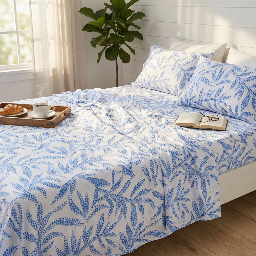 Blue Floral Queen Sheet Set - Super Soft 4 Piece Breathable Blue Pattern Floral Bedding with Deep Pocket Fitted Sheet
