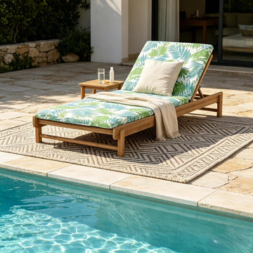 Outdoor Chaise Lounge with 2-Fold Cushion, Acacia Wood Recliner Chair Frame with Slatted Design, Patio Lounger