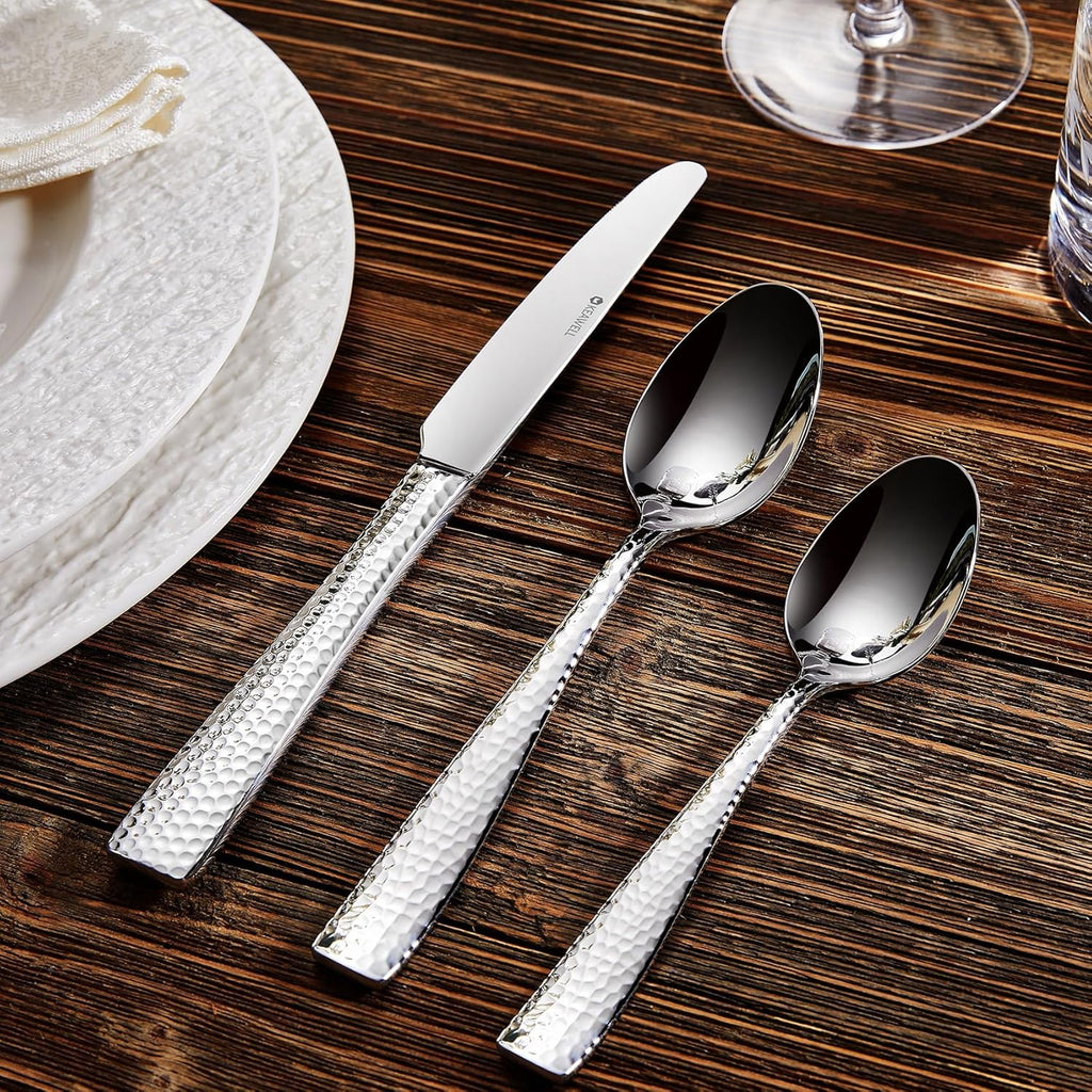 Premium 20/45/65-Piece Louis Hammered Silverware Set with Squared Edge, 18/10 Stainless Steel, Service for 4/8/12