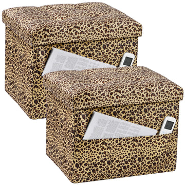 Storage Ottoman, 17" Folding Velvet Foot Rest, Leopard Print 2 Pack