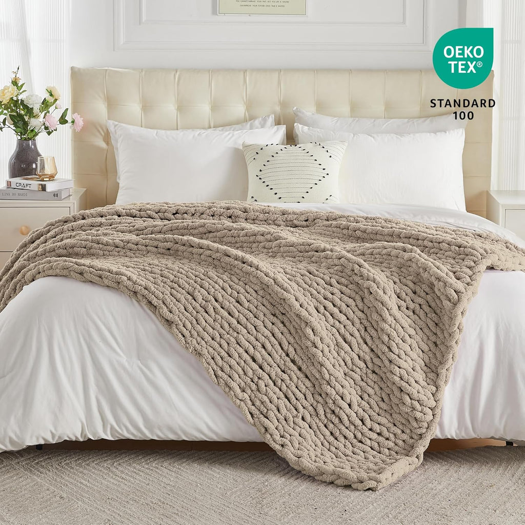 Chunky Knit Throw Blanket 50" X 60", 100% Hand Made Large Chenille Loop Yarn Soft Fluffy Throws, Big Crochet Cozy