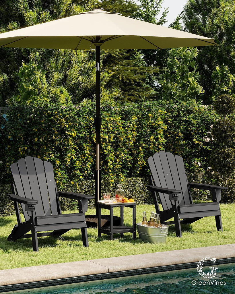 Oversized Folding Adirondack Chairs Set of 2, HDPE, Black | Cup Holder | 22" Extra-Wide | All Weather | Plastic Fire