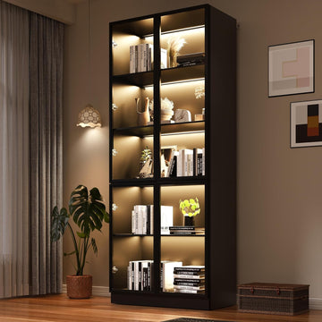 Wooden Display Storage Cabinet with Glass Door, LED Lights,Showcase for Collections, Perfume, Vinyl Albums, Bookcase