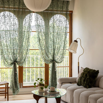 Green Lace Curtains 96 Inch Long, Embroidered Floral Sheer 2 Panels
