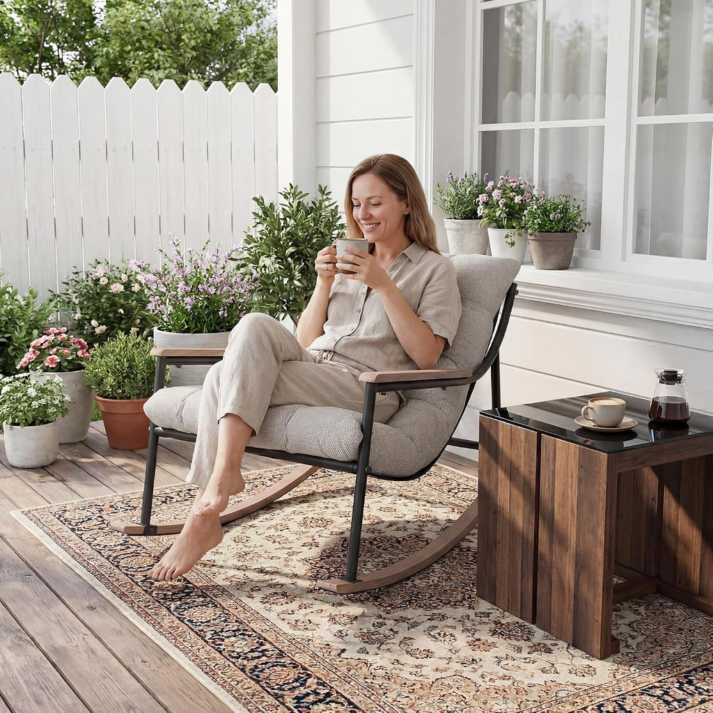 Outdoor Papasan Rocking Chair, All-Weather Rocking Chair with Thickened Cushion, Comfy Patio Reading Lounge for