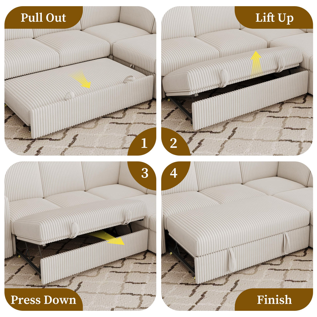 Sectional Sleeper Sofa, Pull Out Couch with Storage, Lvory, 7 Seat