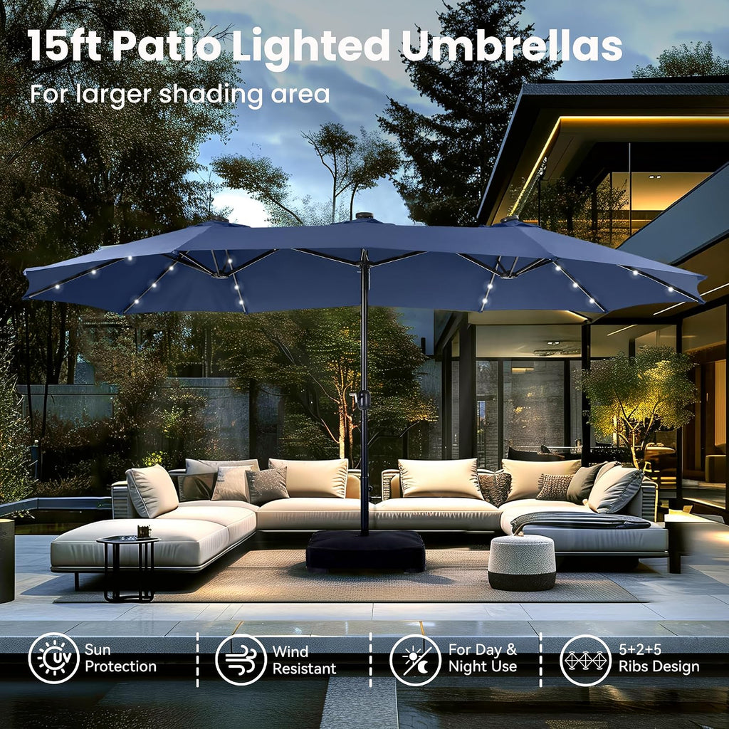 15ft Large Patio Umbrella with Base & Solar Lights,Rectangle,Navy | Outdoor Double-Sided Rectangular Umbrella with