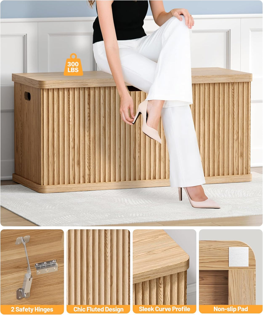 37.4" Fluted Storage Chest Wooden Storage Trunk 2 Safety Hinges Oak | Storage Chest with 2 Safety Hinges & Lift Top