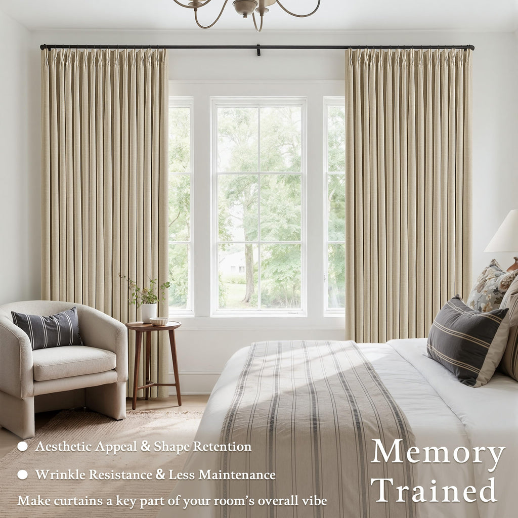 Oatmeal 96 Inch Blackout Pinch Pleated Curtains 2 Panel Set Darkening Thick Linen Textured 100% Black Out Soundproof