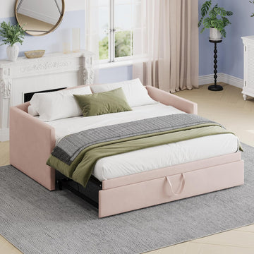 Twin Velvet Daybed with Extended Pop-Up Trundle, Pink | Upholstered Sofa Bed with Space-Saving Twin-to-King Design