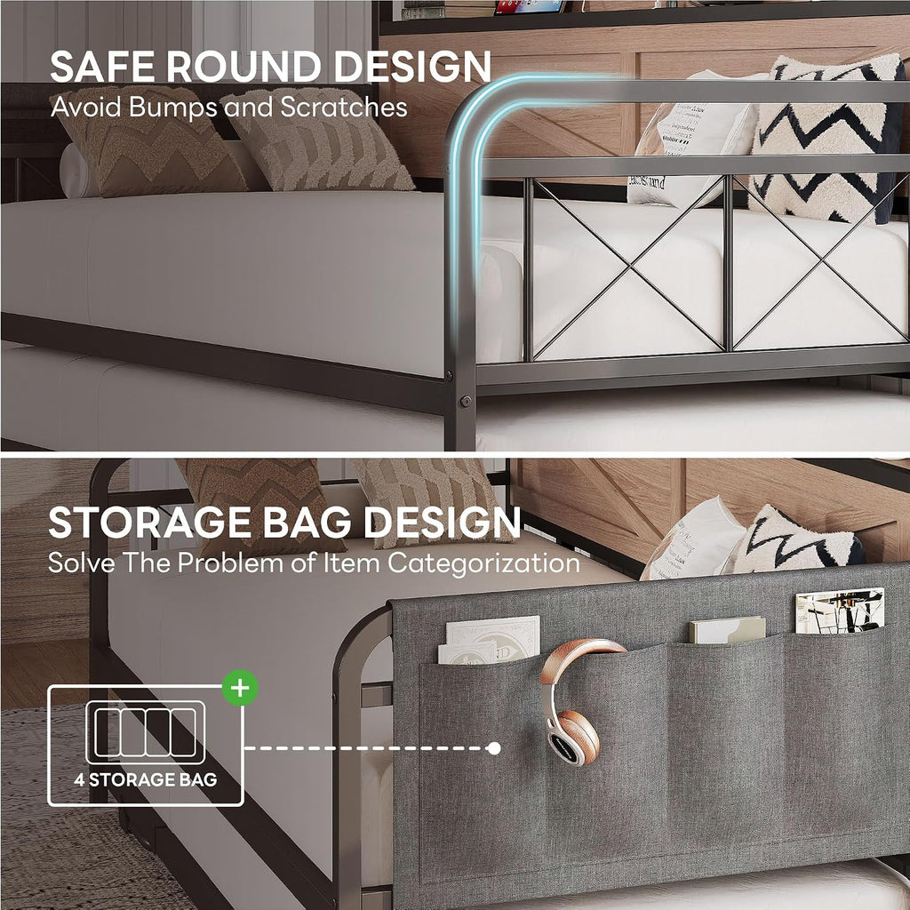 Twin Daybed with Pop Up Trundle & Charging Station & Storage Shelf | Pop Up Trundle with Smooth Wheels, Strong
