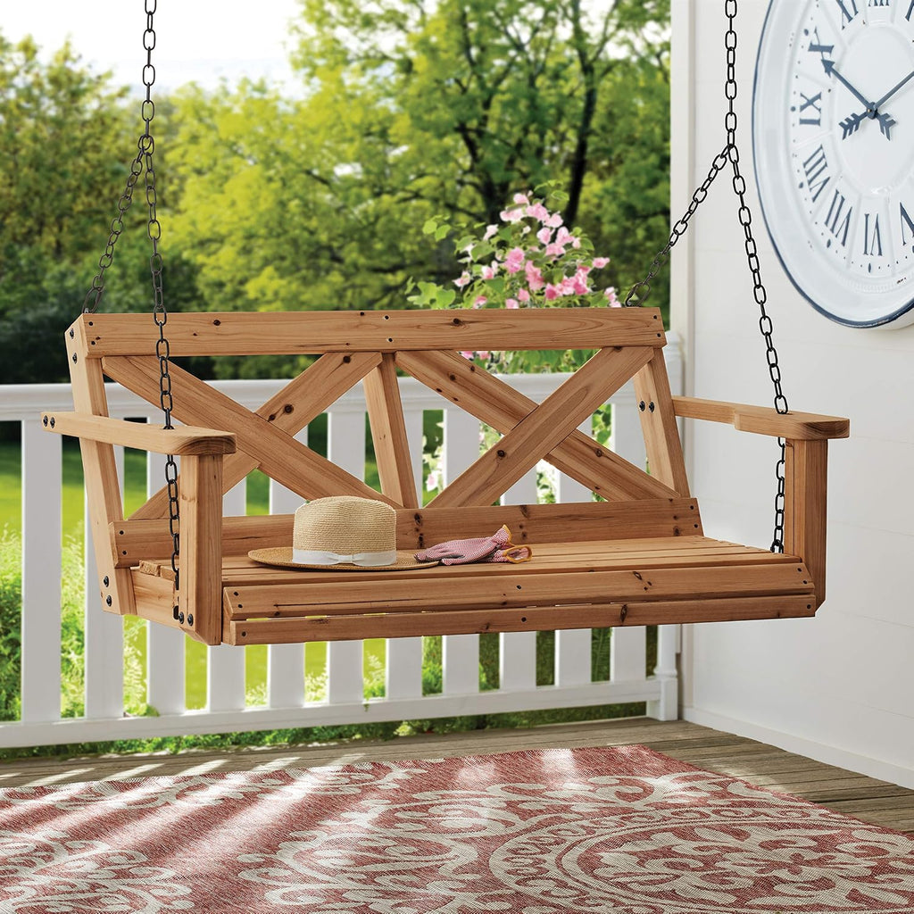 55" Cedar Wood Farmhouse Outdoor Porch Swing Bench with Two-Person Seating, Durable Hanging Chains, Water-Resistant