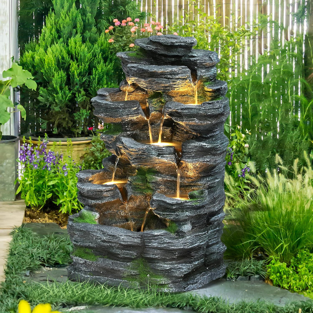 7-Tiers Cascading Rock Water Fountain Outdoor