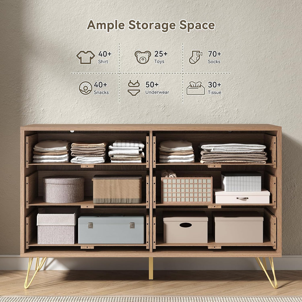Fluted 6 Drawers Dresser , Wood Dressers with Scratch-Proof Golden Handles, Natural Curved Profile, Modern Double