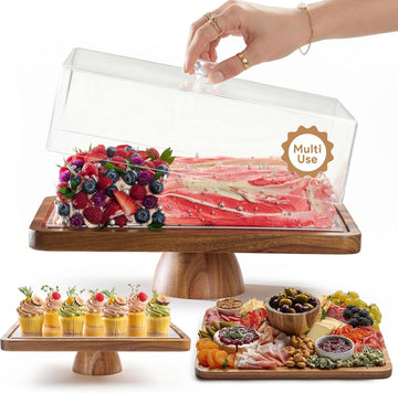 Acacia Wood Cake Stand with Lid, 2-in-1 Charcuterie Board, 17x13 | Rectangular Pastry Display Case & Charcuterie