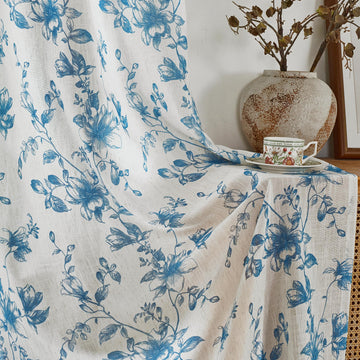 Blue Floral Linen Vintage Curtains 96 inches 2 Panels Grommet