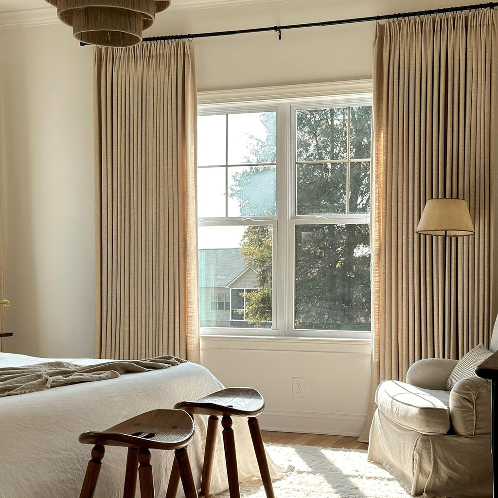 Liz Linen Custom Curtain Customizable Size Blackout Pleated Header Memory Trained Neutral Linen Textured Window