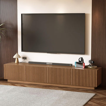 86.61" Mid-Century Modern TV Stand, Walnut Entertainment Center with 4 Doors & Adjustable Shelves, Large Wooden Media