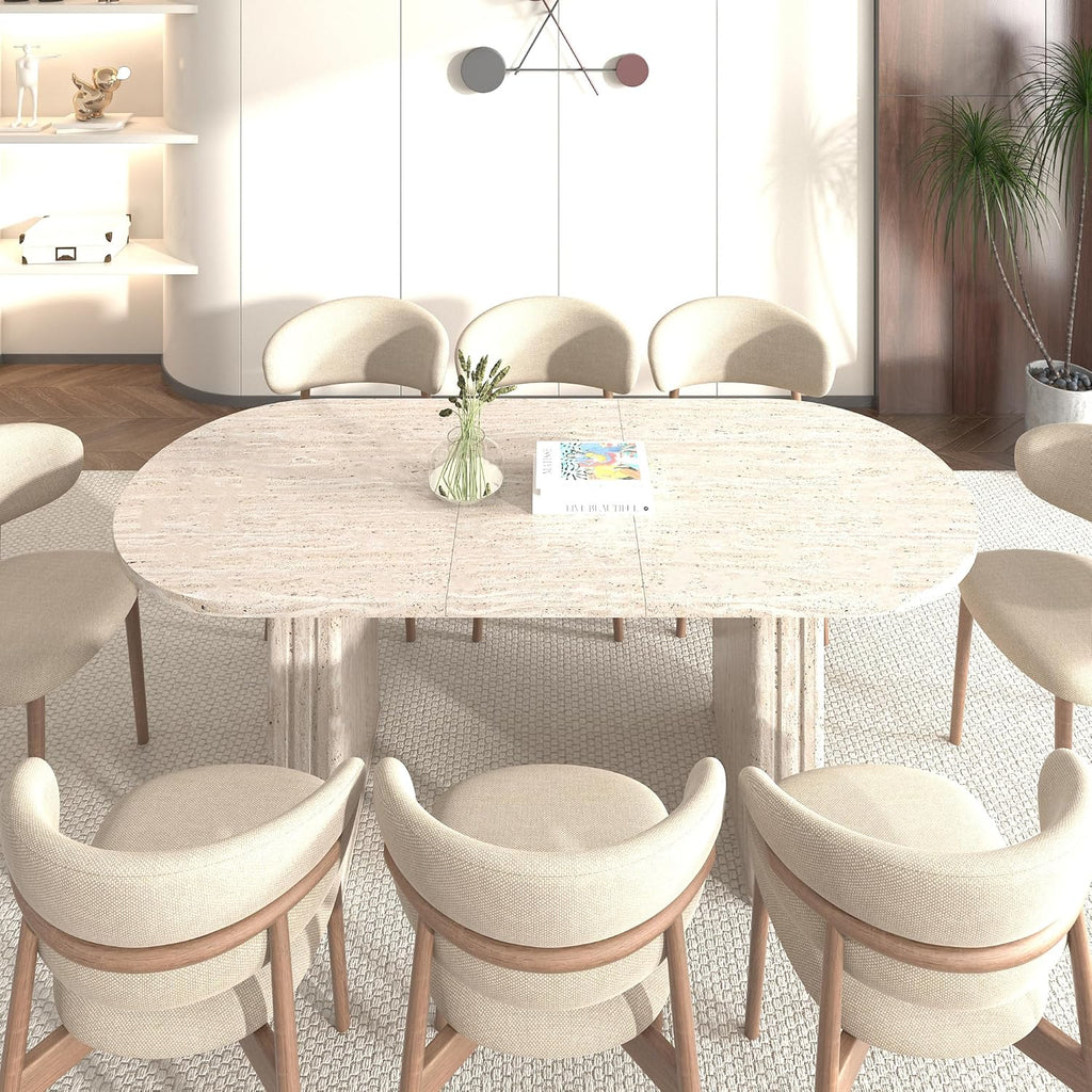 78.74" Extendable Dining Table for 4-8 People,Oval Travertine Inspired Kitchen Table with Wooden Strip Base for