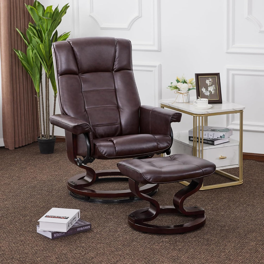 Modern Reclining Swivel Lounge Chair and Ottoman — Brown Faux Leather