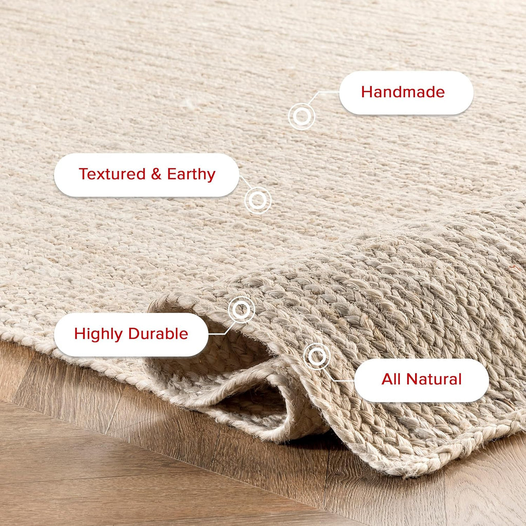 12x15 Rigo Jute Hand Woven Area Rug, Off White, Solid Farmhouse Design, Natural Fiber